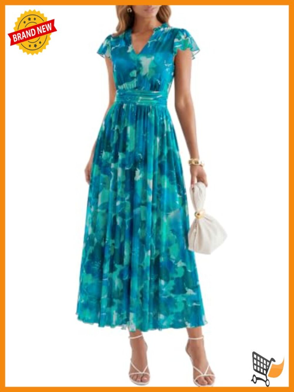 Flutter Short Sleeve V Neck Floral Mesh Maxi Dress Beach Vacation